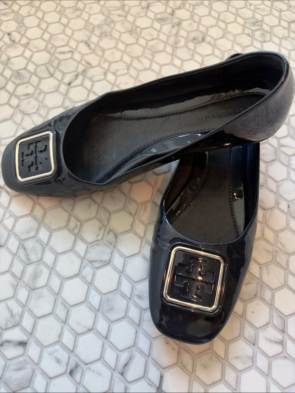 Tory Burch Navy Patent Logo Square-Toe Flats